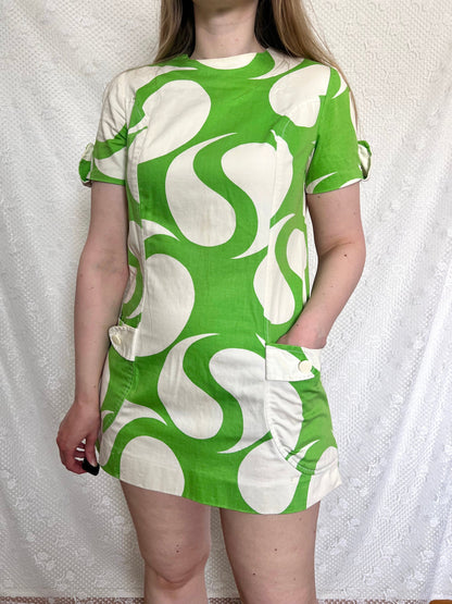60s green & white mini dress, Size S-M