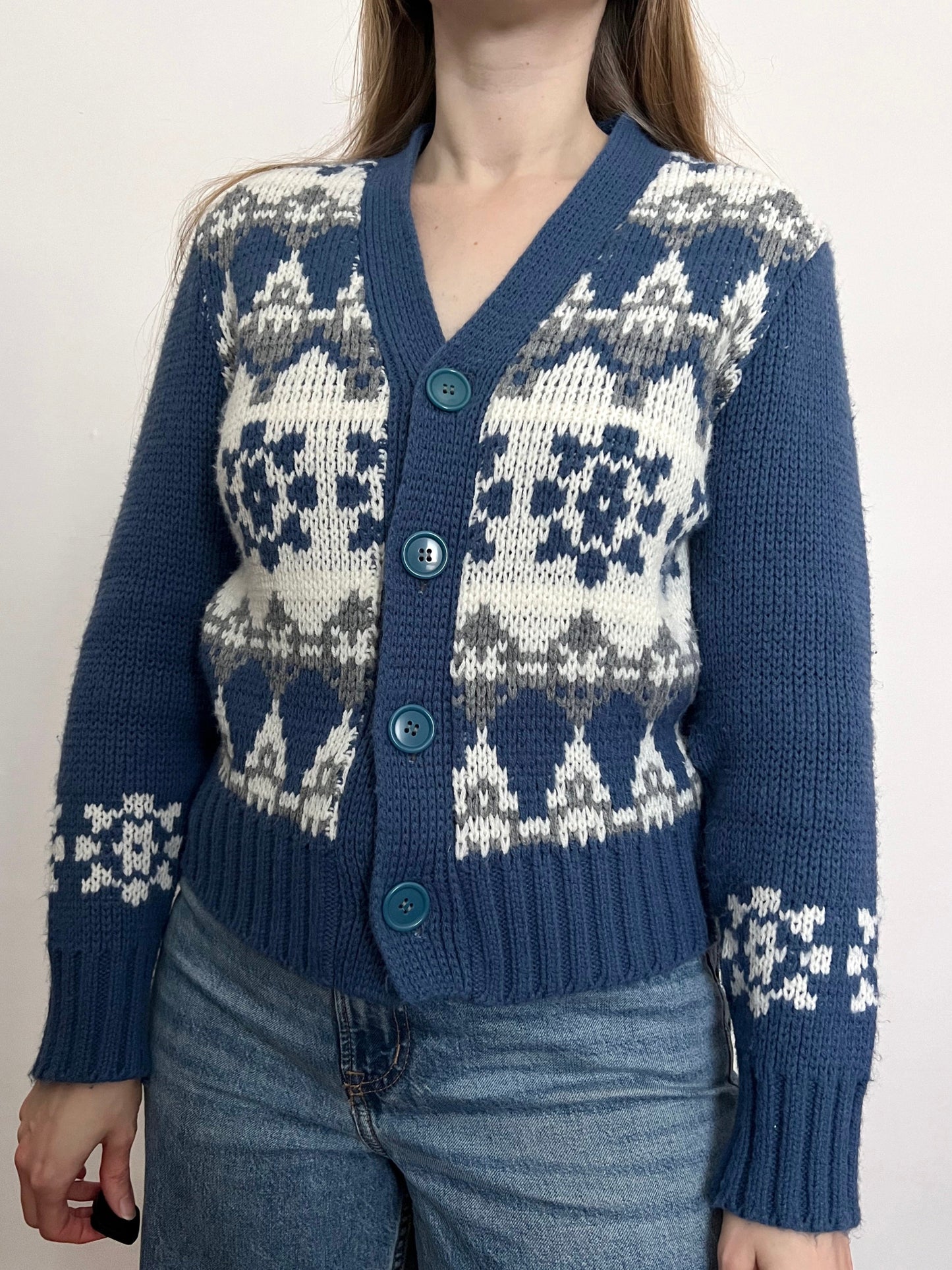 70s blue and white cardigan, Size M-L