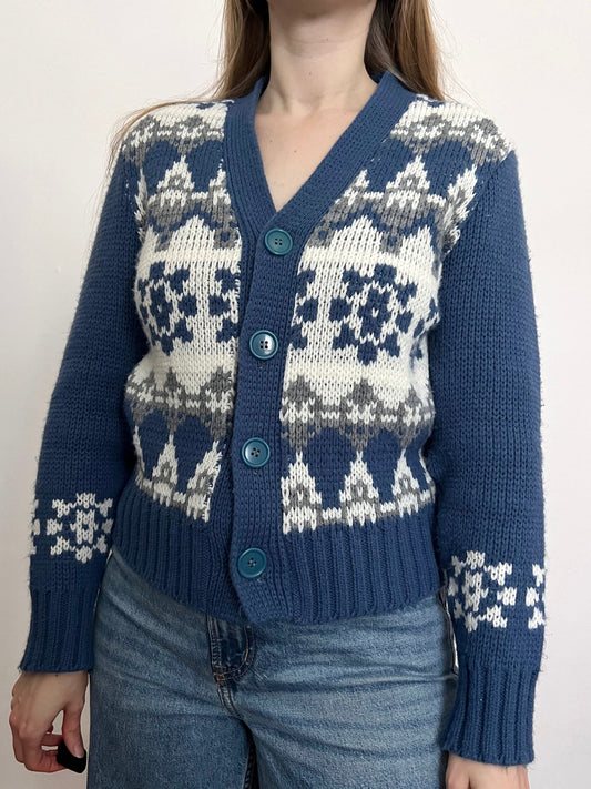 70s blue and white cardigan, Size M-L