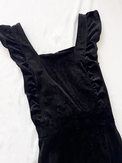 70s black velvet ruffle dress, Size XS-S