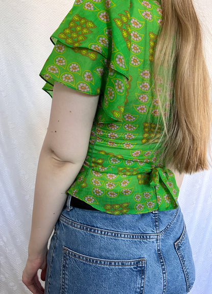 70s green flutter sleeves t-shirt, Size XS