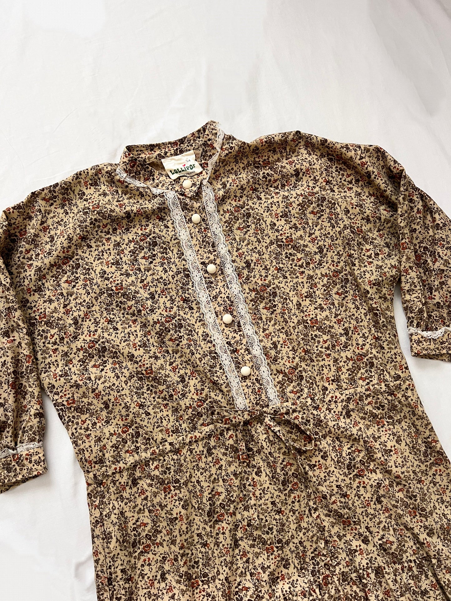 70s beige floral dress, Size XS-S