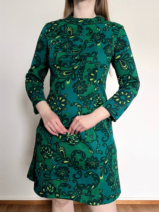 60s green flower dress, Size S