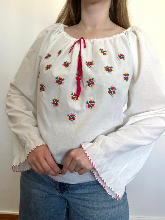 70s white and flowers blouse, Size L