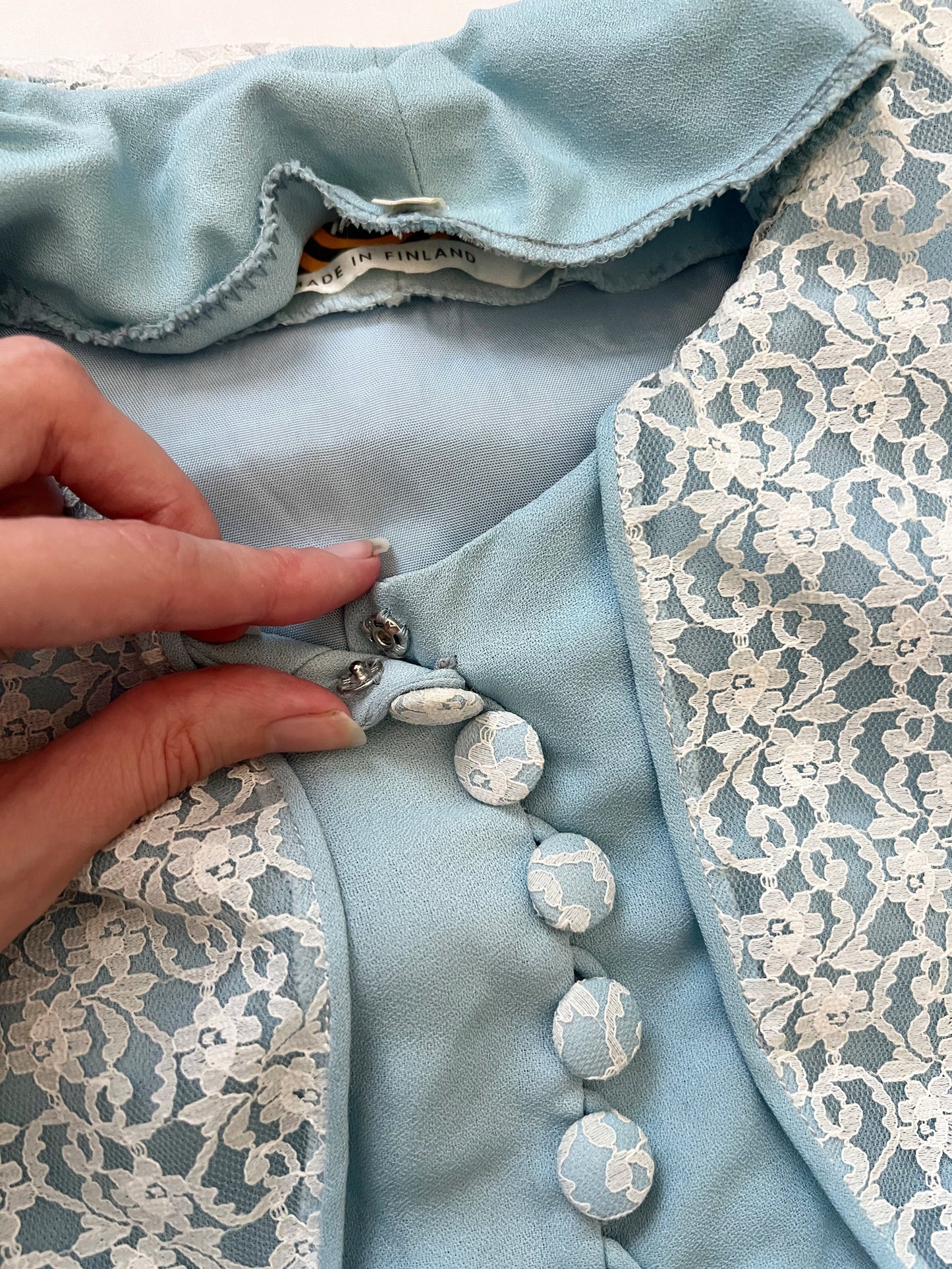 60s blue mini dress with lace vest, Size XS