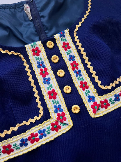 60s navy blue folk style trim dress, Size L