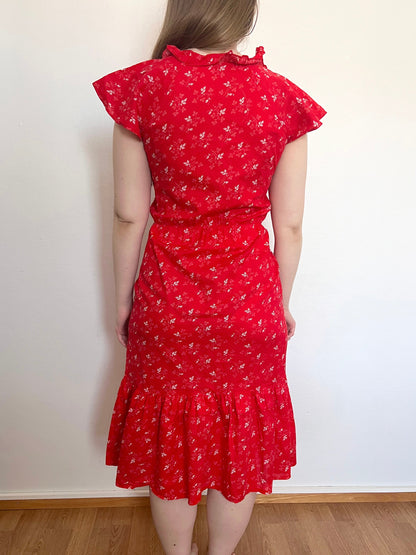 70s red cotton floral dress, Size M