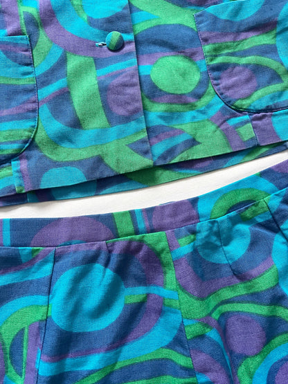 60s blue geometric shirt and skirt set, Size S