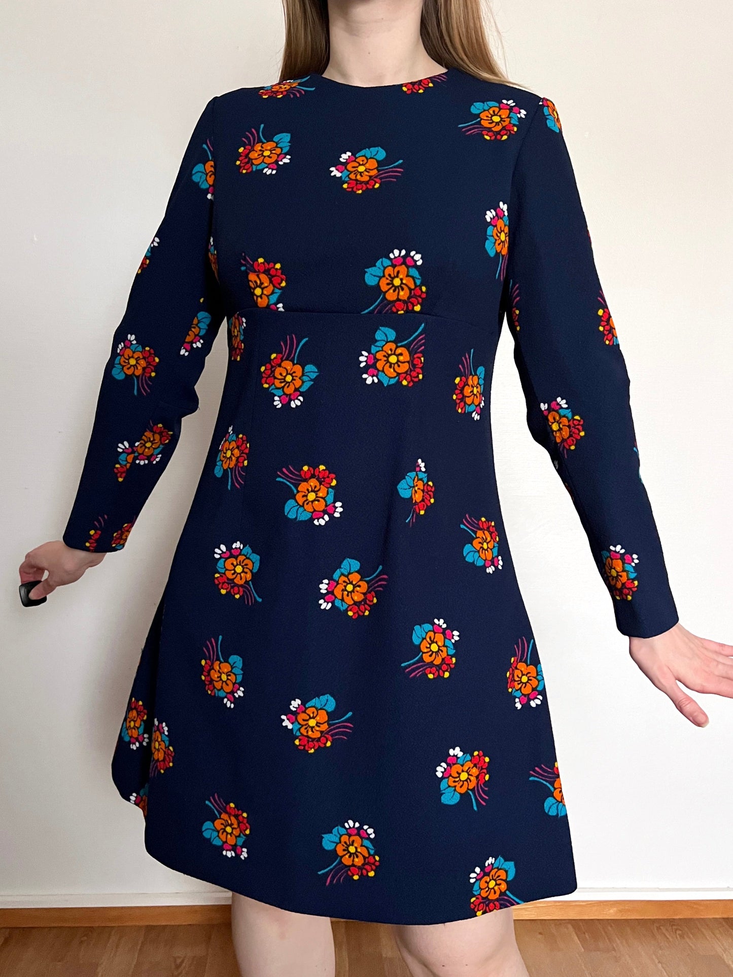60s blue flower dress, Size M