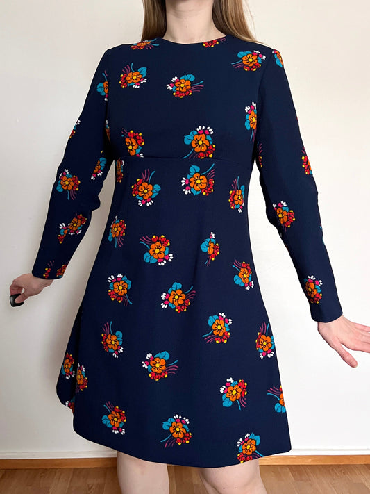 60s blue flower dress, Size M