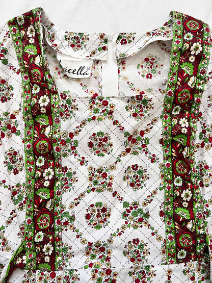 70s white flower pattern dress, Size XS