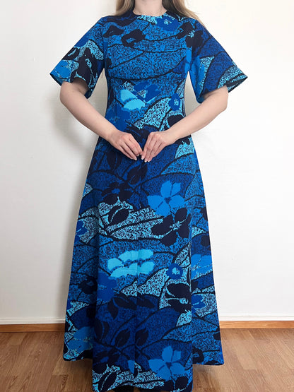 70s blue floral maxi dress, Size S-M