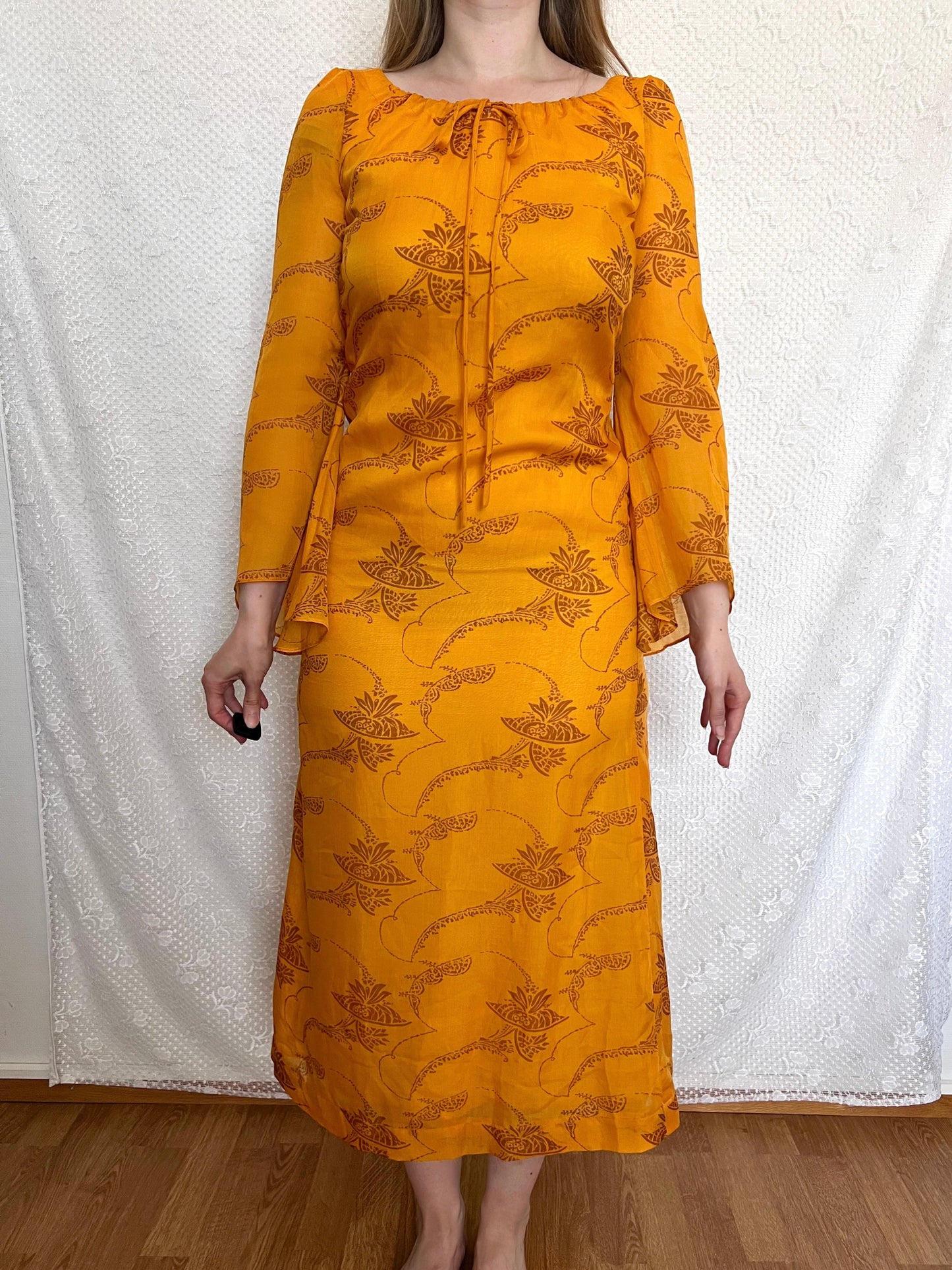 70s orange bell sleeves dress, Size XS