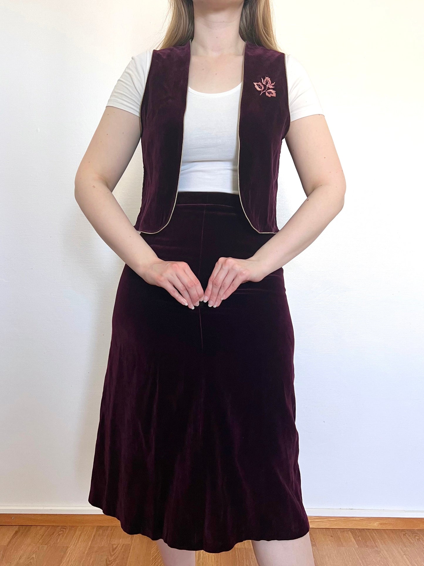 70s purple velvet vest and skirt set, Size S