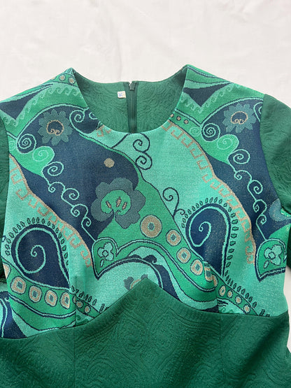 60s green swirl print mini dress, Size S