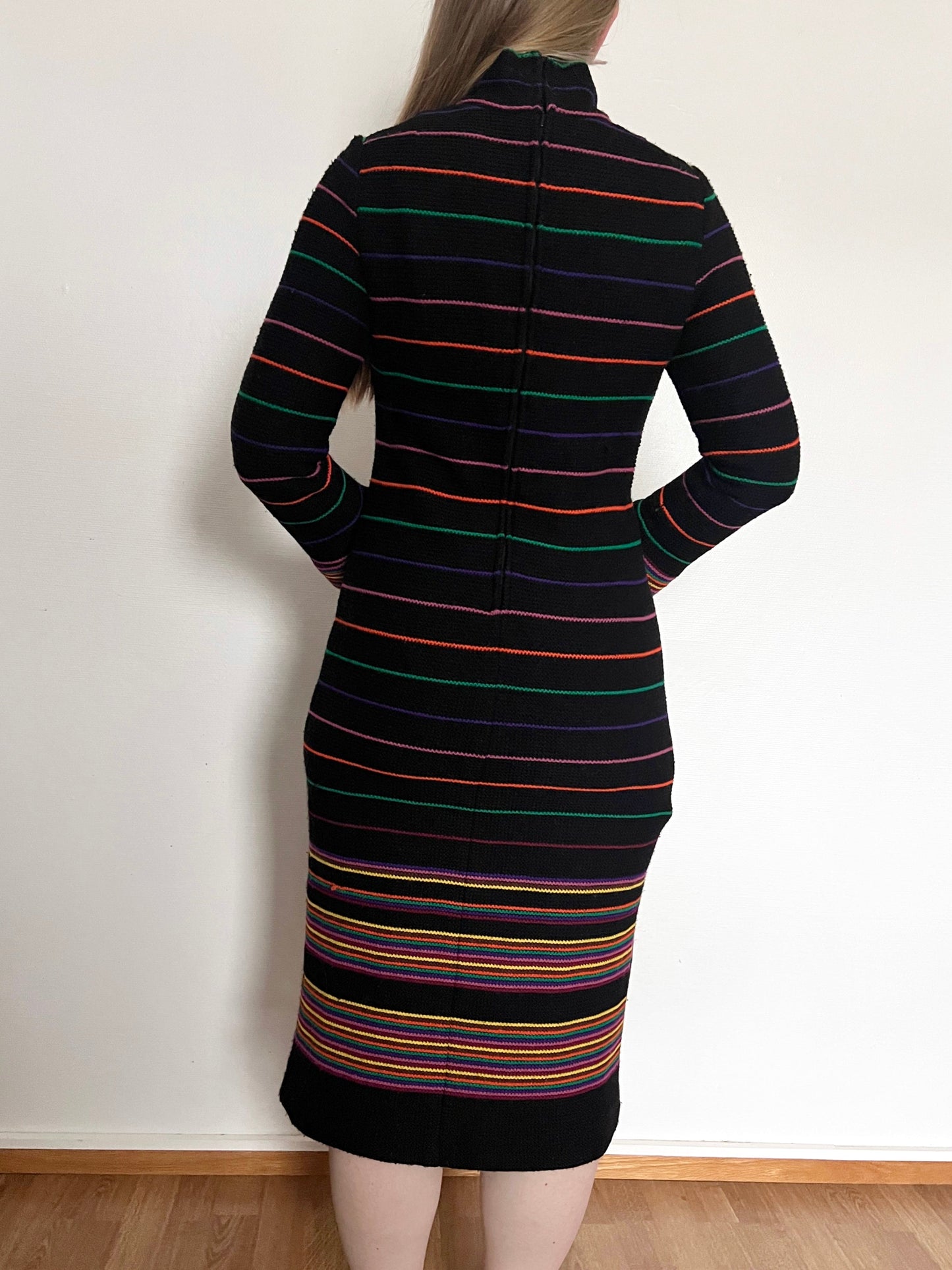 70s black & colorful striped knitted dress, Size S