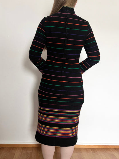 70s black & colorful striped knitted dress, Size S
