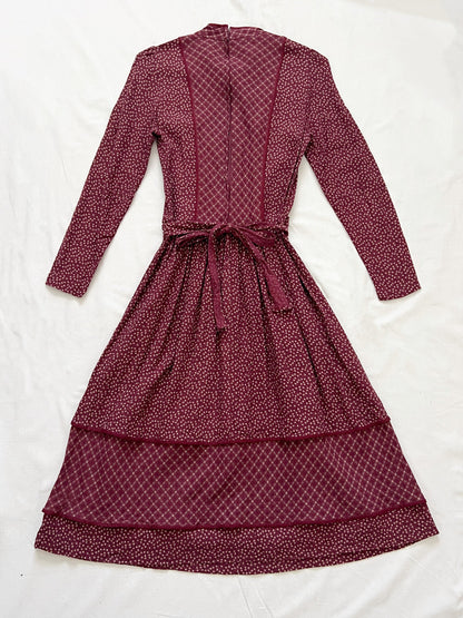 70s prairie inspired burgundy dress, Size XXS-XS