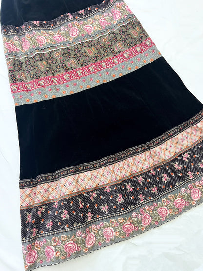 70s velvet and floral maxi skirt, Size S