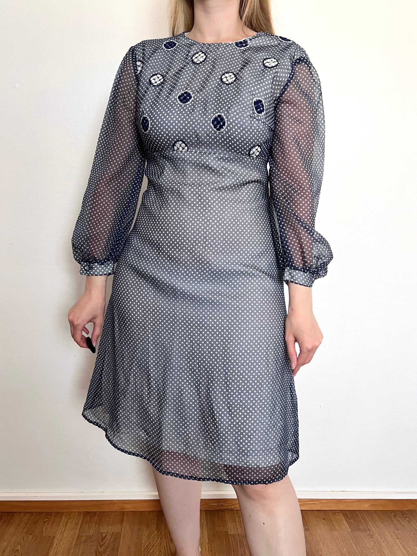 60s blue and white polka dot dress, Size XS-S