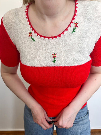 70s red and white knit summer top, Size XS-S