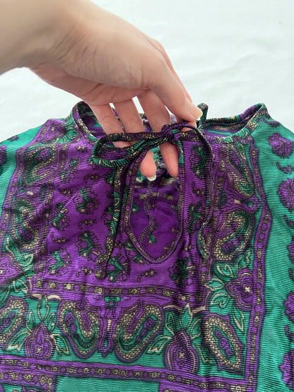 60s green and purple paisley top, Size XS
