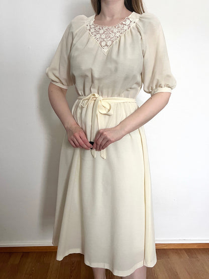 70s white lace detail dress, Size S