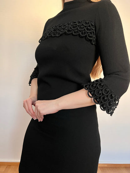 60s black round trim dress, Size S