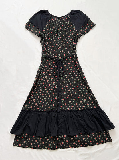 70s 100% cotton black floral dress, Size S-M