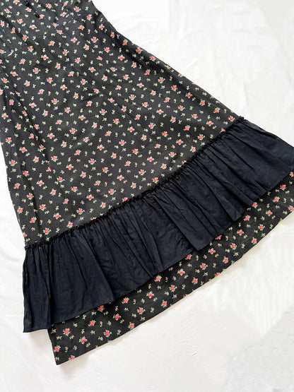 70s 100% cotton black floral dress, Size S-M