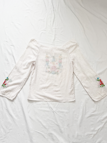 70s floral embroidery white blouse, Size S