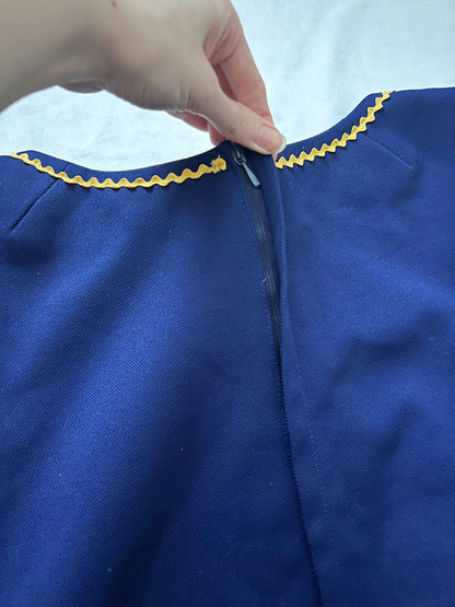 60s navy blue folk style trim dress, Size L