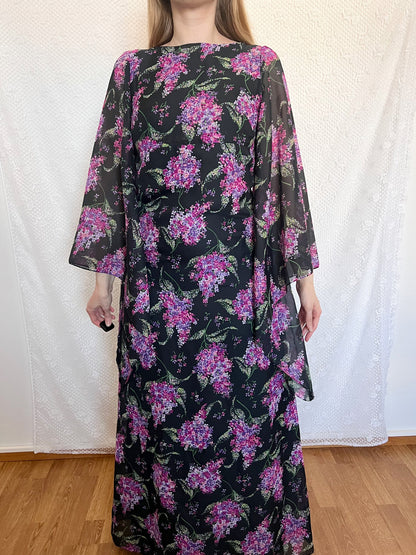 70s floral dramatic sleeves dress, Size XS