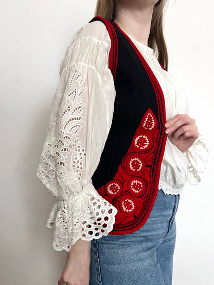 Hungarian felted black, red and white vest, Size XS-S