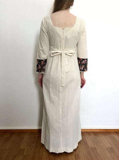 70s cotton cream and floral maxi dress, Size S
