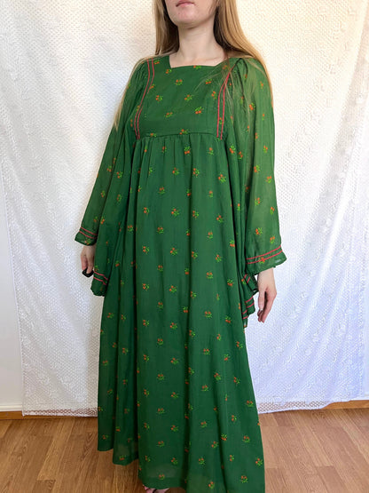 70s green butterfly sleeves dress, Size XS
