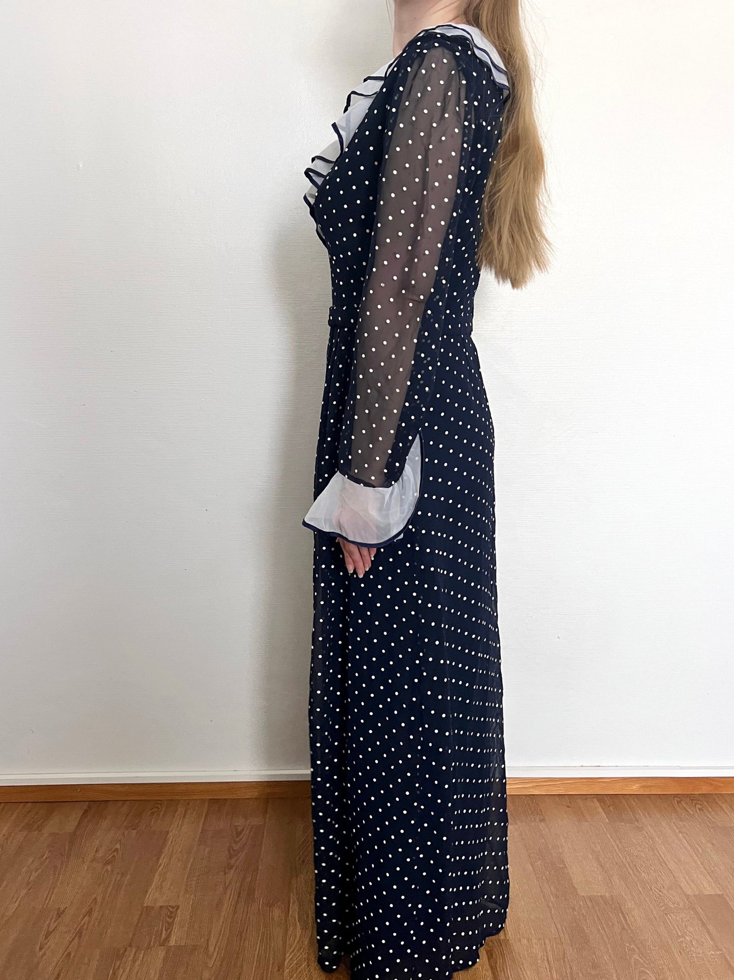 70s blue and white polka dot dress, Size M