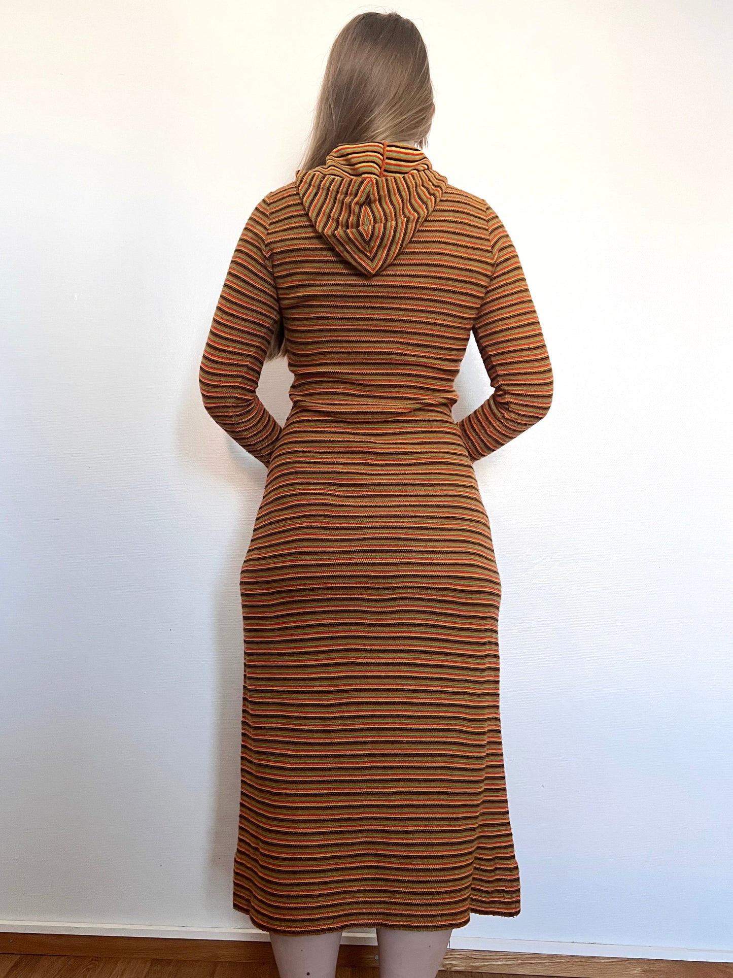 70s knitted striped hooded dress, Size S