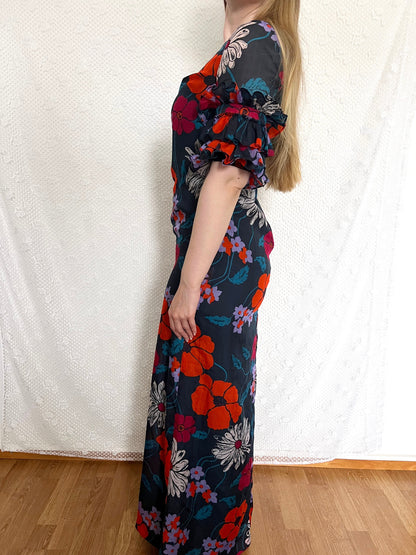 70s ruffle sleeves floral dress, Size S-M