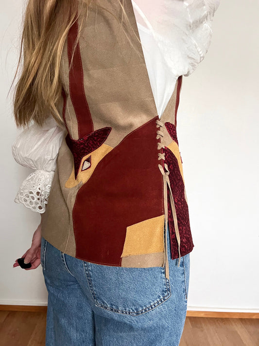 70s animal motif suede vest, Size XS