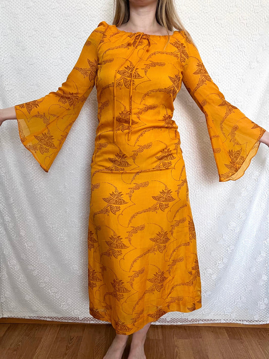 70s orange bell sleeves dress, Size XS