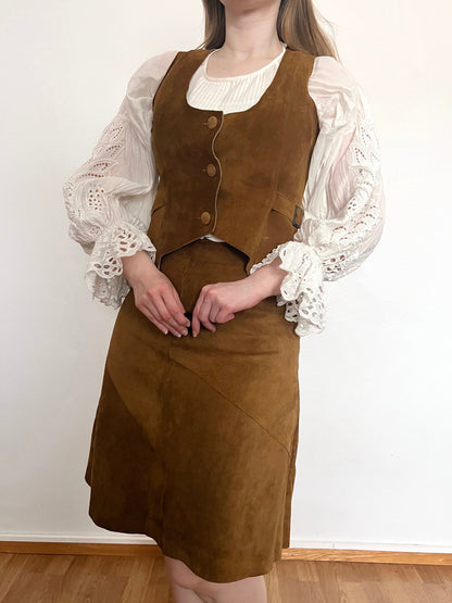 70s brown suede vest and skirt set, Size S