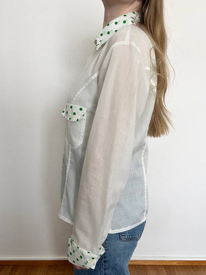 60s white and green polka dot shirt, Size L-XL
