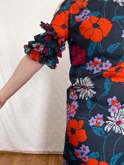 70s ruffle sleeves floral dress, Size S-M