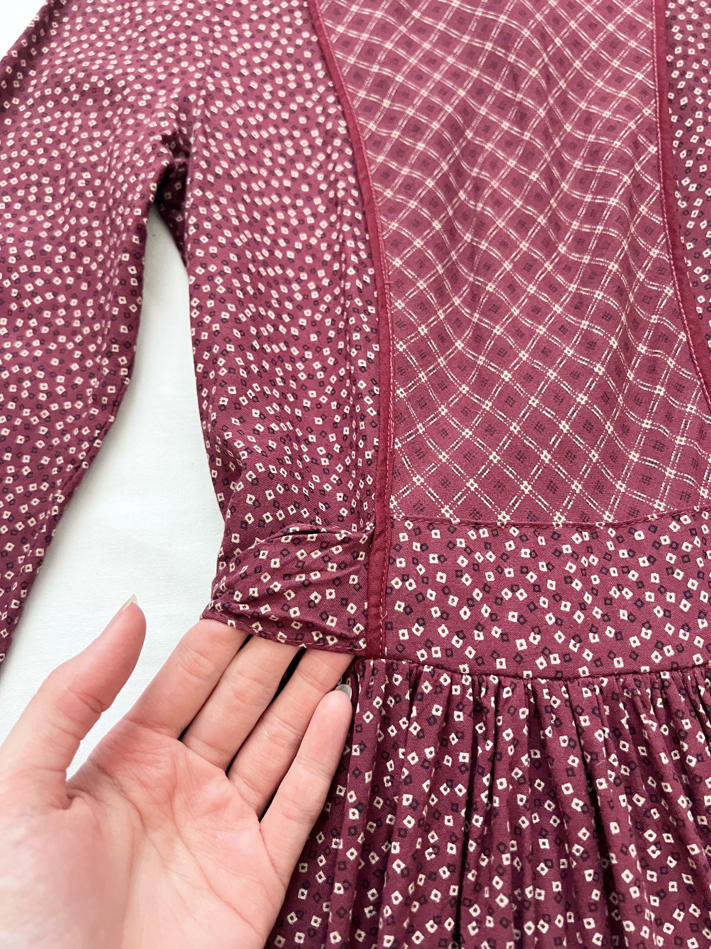 70s prairie inspired burgundy dress, Size XXS-XS