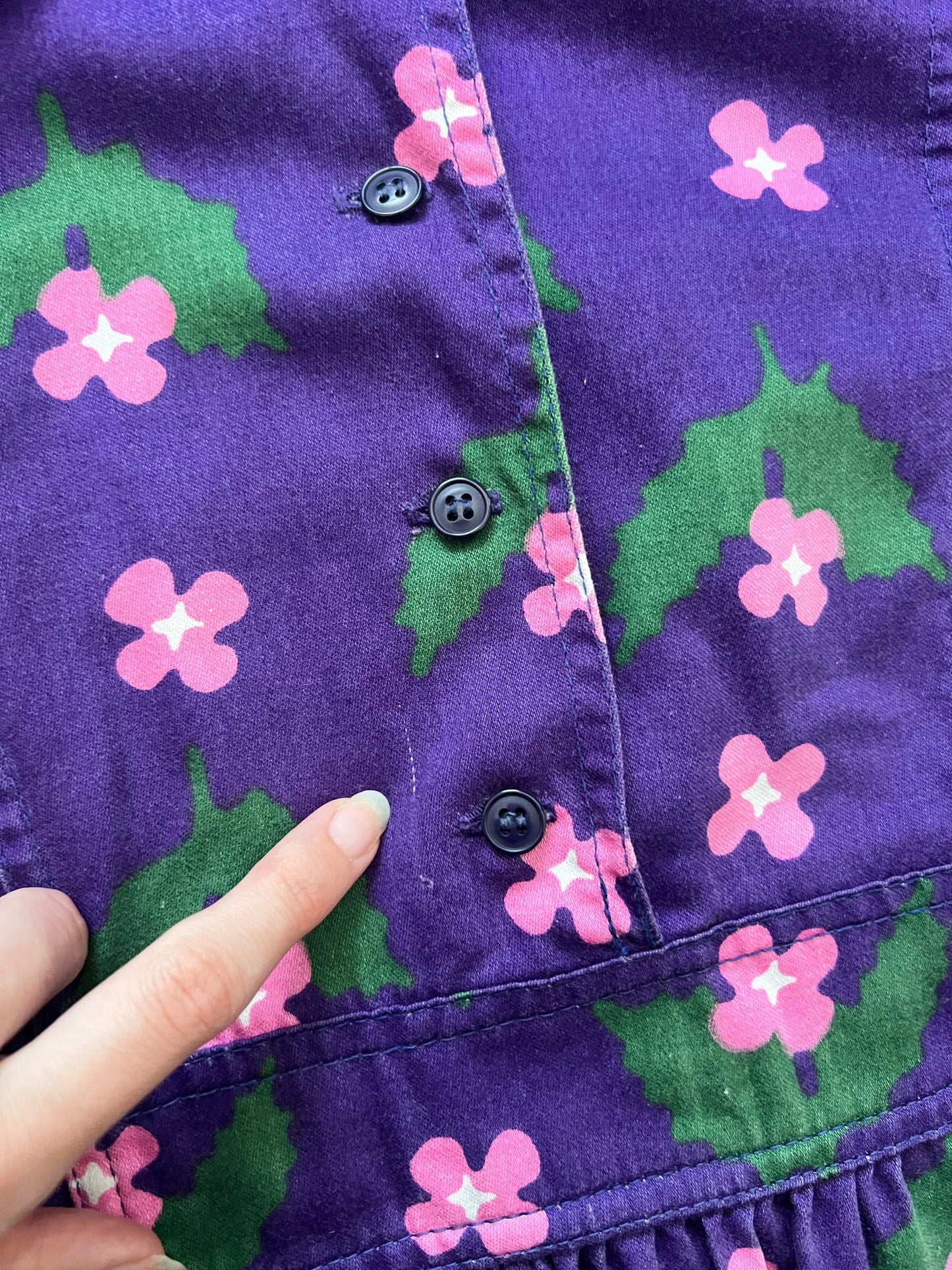 70s purple floral cotton, dress, Size XS-S