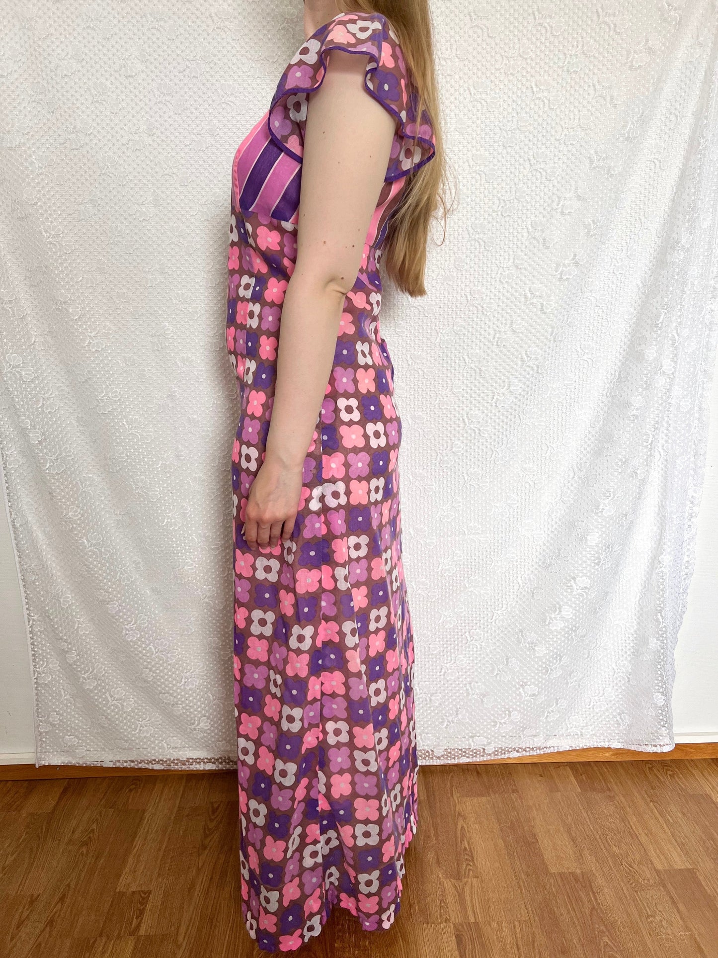 70s pink and purple flower power dress, Size S