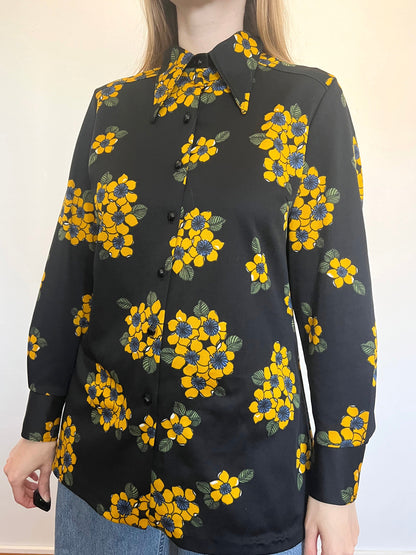 70s black and yellow floral shirt, Size XL
