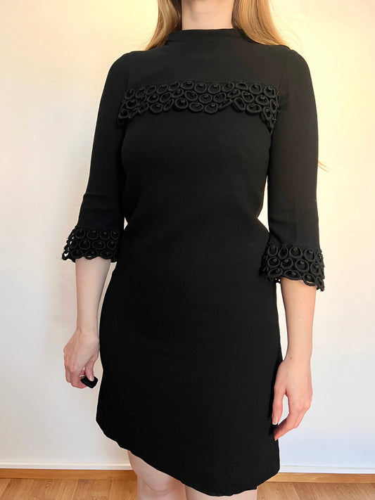 60s black round trim dress, Size S