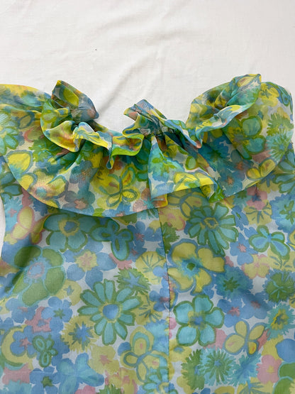 60s floral ruffle dress, Size M-L